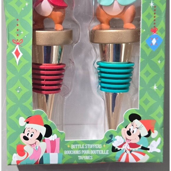 Disney Chip 'n Dale Holiday Christmas Themed 2 Gold Bottle Stopper Set - Picture 6 of 9
